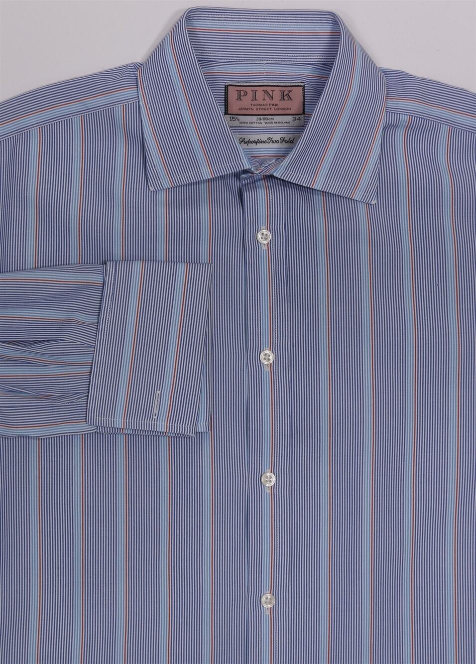 Thomas Pink Blue Aqua Striped Superfine 2-Fold Cotton Dress Shirt (39) 15.5-34
